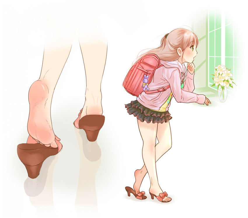 1girl, backpack, bag, barefoot, brown_hair, flower, green_eyes, half_updo