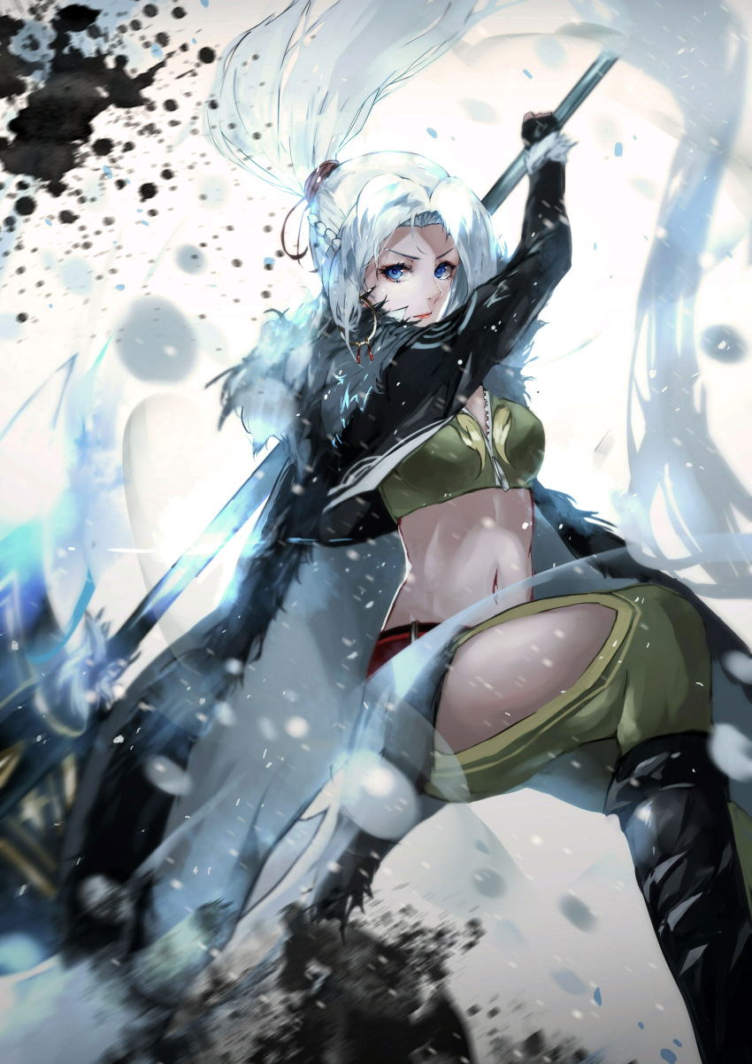 1girl, absurdres, aran_(maplestory), bangs, black_footwear, black_jacket, blue_eyes, boots