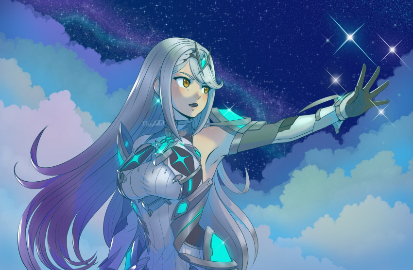 1girl, aegis_sword_(xenoblade), bangs, bare_shoulders, chest_jewel, cleavage_cutout, clothing_cutout, dress
