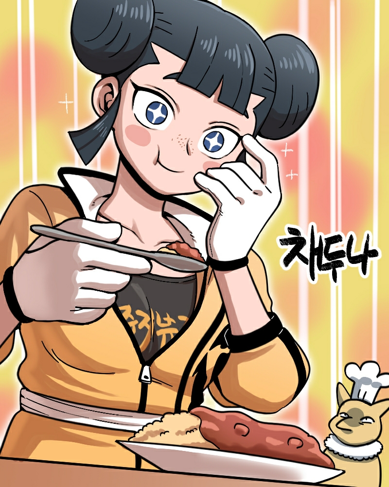 +_+, 1girl, :t, bangs, black_hair, blunt_bangs, blush_stickers, chef_hat