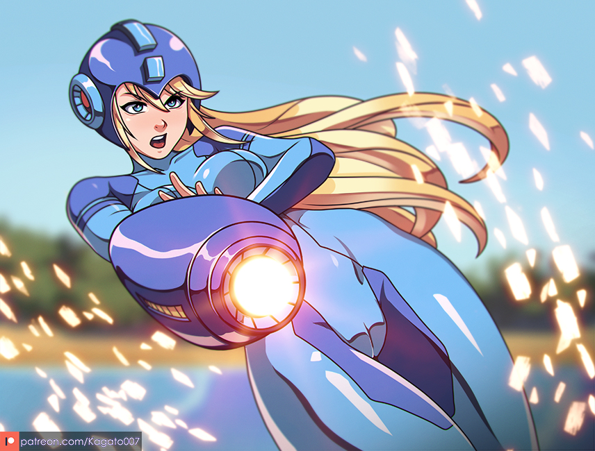 1girl, arm_cannon, blonde_hair, blue_bodysuit, blue_eyes, bodysuit, breasts, cosplay