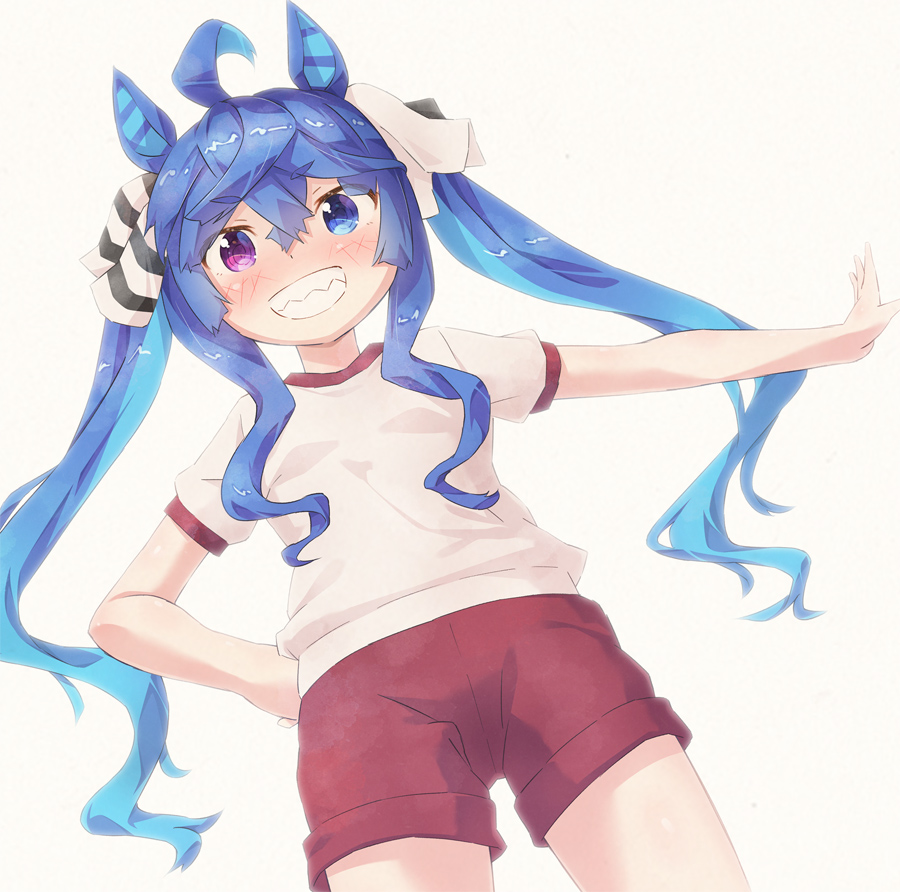 ahoge, animal_ears, bangs, blue_eyes, blue_hair, blush, brown_background, commentary_request