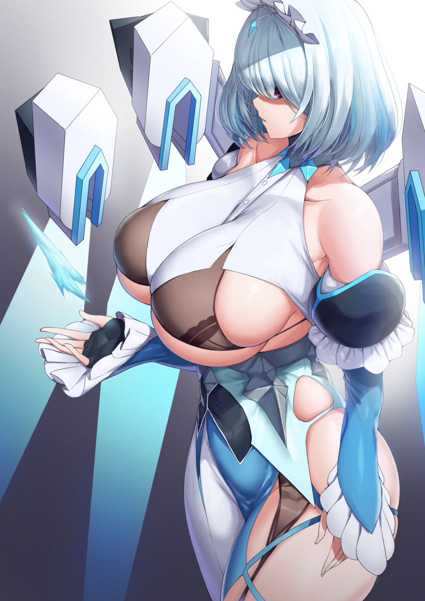 1girl, absurdres, bangs, bare_shoulders, black_gloves, bob_cut, breasts, cho!cho!, curvy, detached_sleeves, dress, expressionless, fingerless_gloves, frills, gloves, hair_over_eyes, highres, huge_breasts, ice, last_origin, light_blue_hair, side_slit, thighs, titania_frost, white_dress