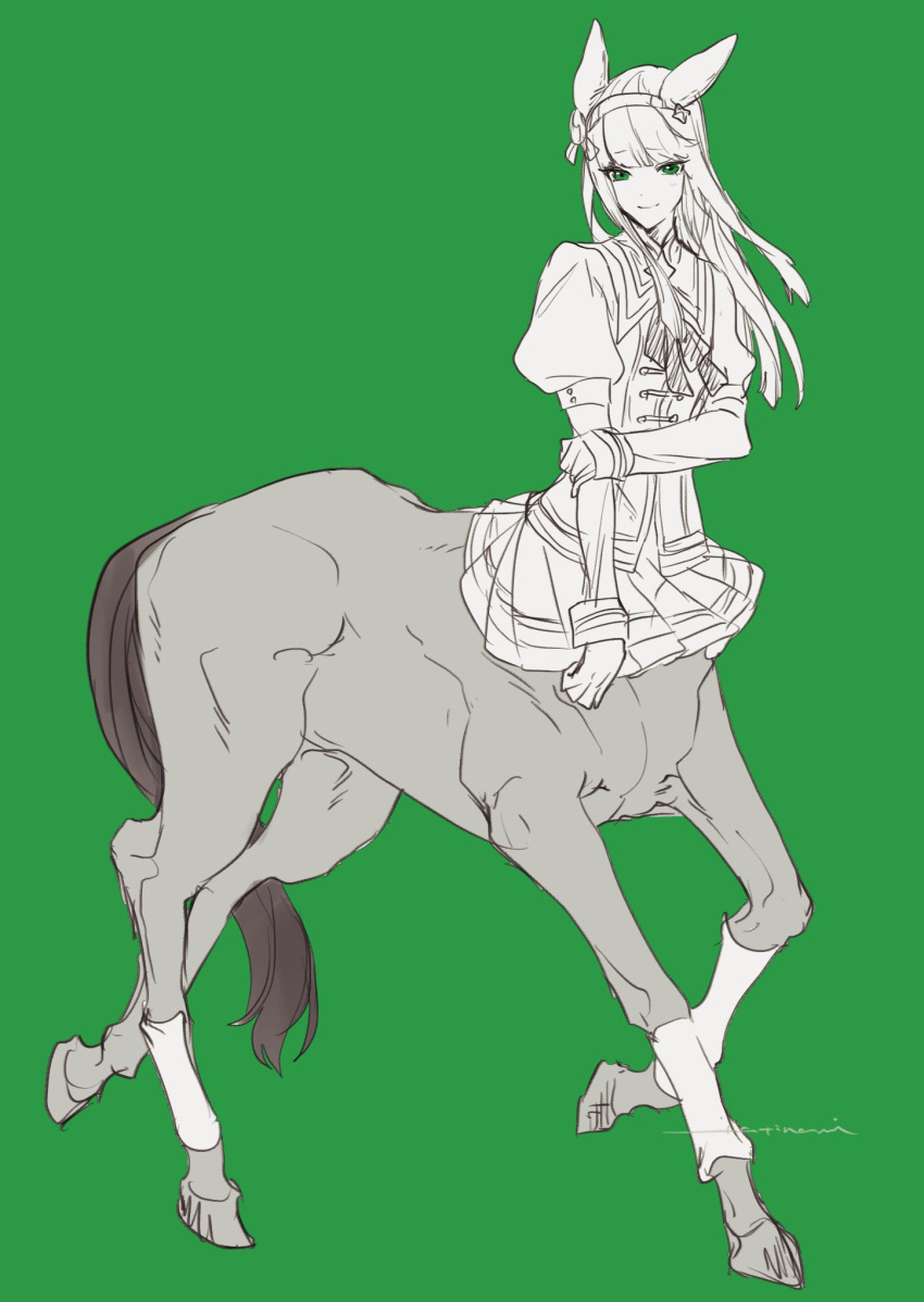 1girl, animal_ears, bangs, blunt_bangs, centaur, closed_mouth, commentary, eyebrows_visible_through_hair, flat_chest, full_body, gloves, green_eyes, hairband, highres, horse_ears, horse_tail, long_hair, looking_at_viewer, monochrome, monster_girl, monsterification, multiple_legs, neck_ribbon, puffy_short_sleeves, puffy_sleeves, ribbon, school_uniform, short_sleeves, sidelocks, signature, silence_suzuka, simple_background, sketch, skirt, smile, solo, standing, tail, tatinami, tracen_school_uniform, umamusume