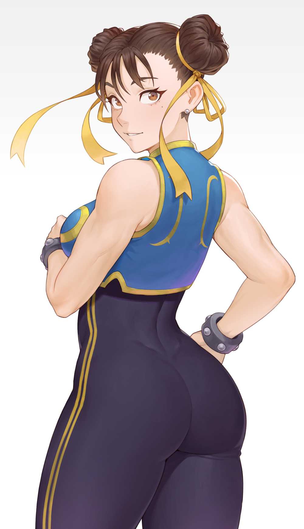 1girl, alternate_costume, ass, bangs, bare_shoulders, bodysuit, bracelet, breasts