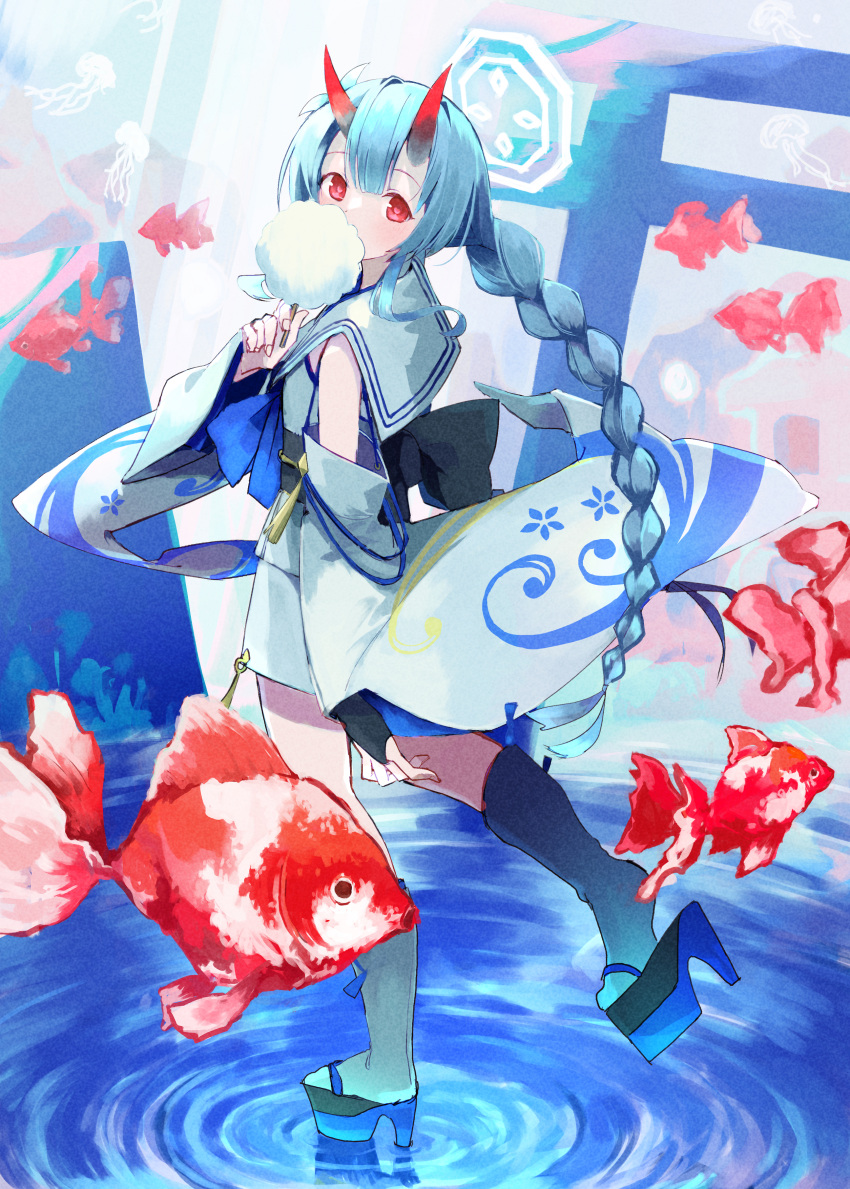 absurdres, blue_archive, blue_hair, chise_(blue_archive), commentary_request, cotton_candy, detached_sleeves, fingerless_gloves