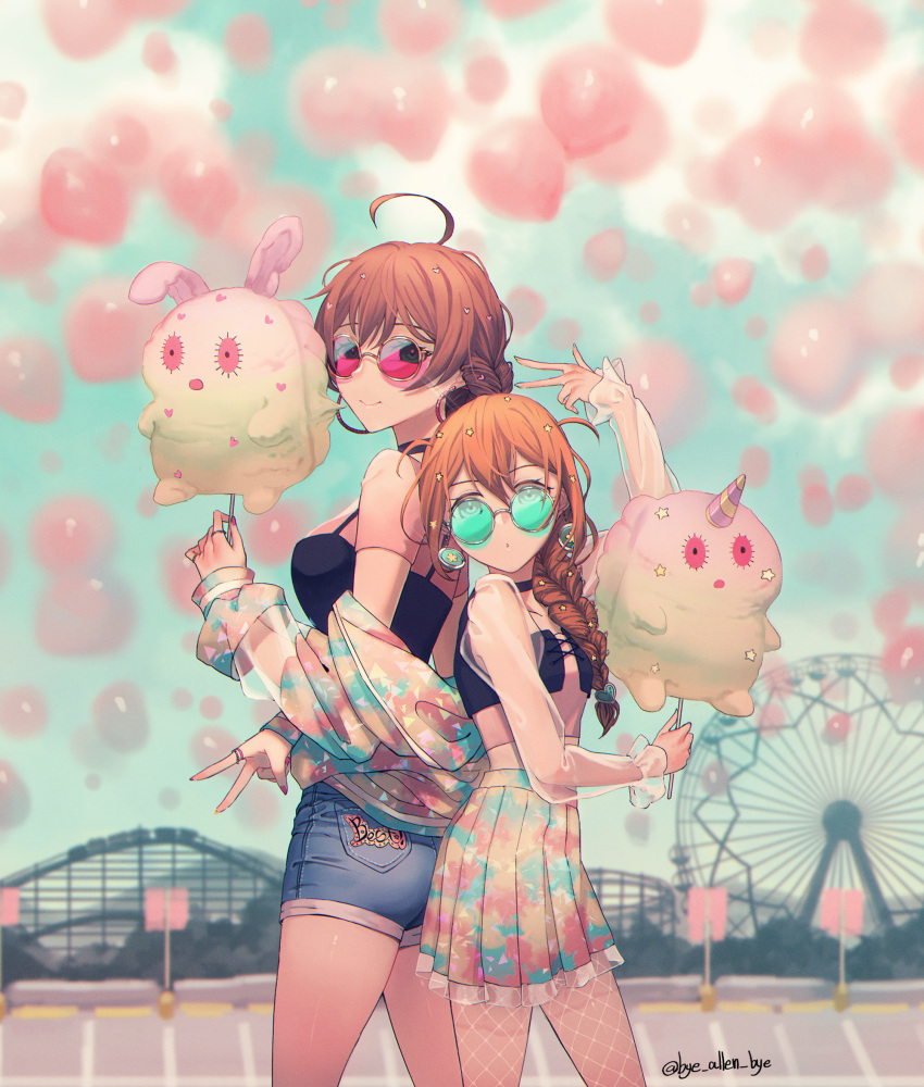 2girls, ahoge, aqua_eyes, baba_konomi, back-to-back, balloon, blurry, braid