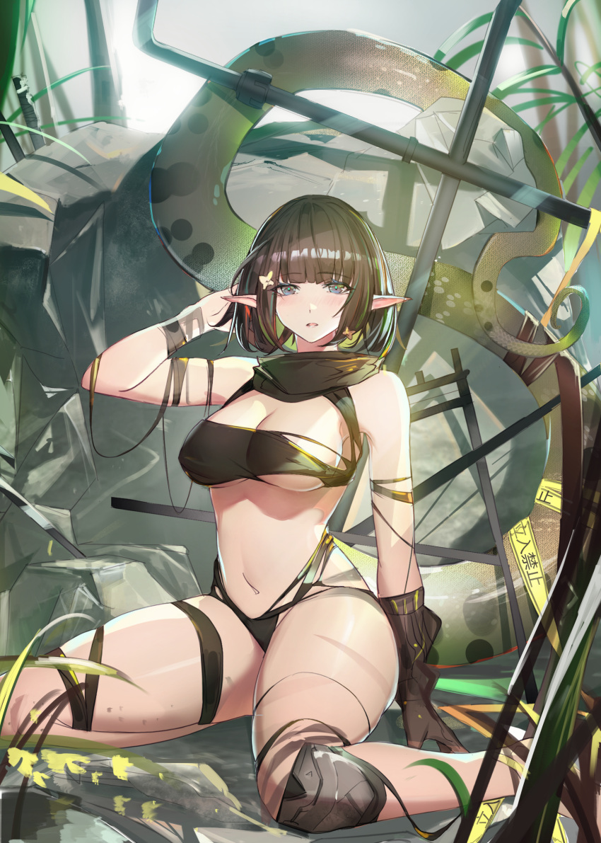 1girl, absurdres, arknights, black_hair, bob_cut, breasts, caution_tape, eunectes_(arknights)