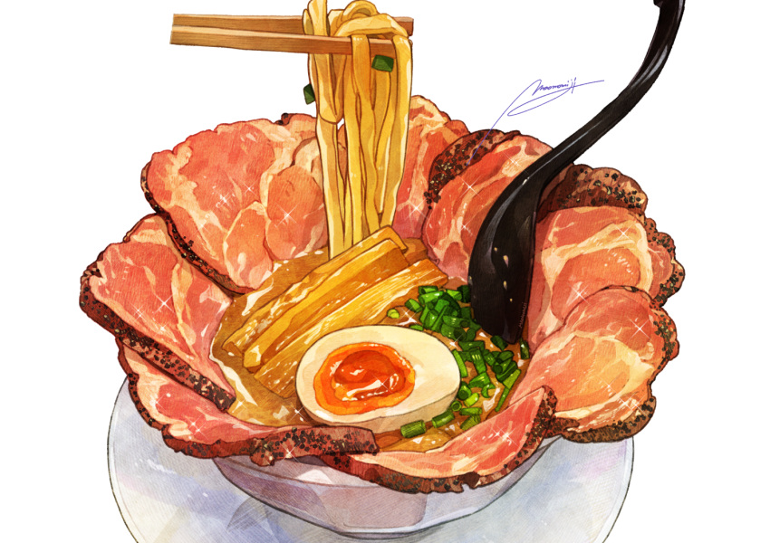 bowl, chopsticks, food, food_focus, garnish, halfboiled_egg, meat, momiji_mao