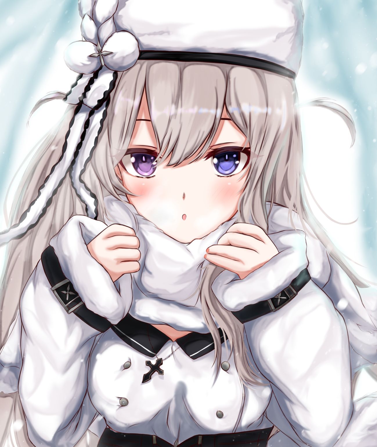 1girl, :o, azur_lane, blue_eyes, blush, coat, cross, fur-trimmed_collar