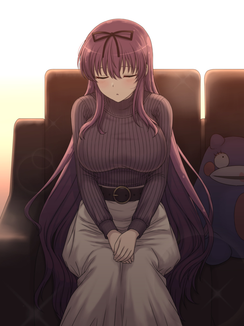 1girl, absurdres, backlighting, belt, belt_buckle, black_ribbon, blush, breasts