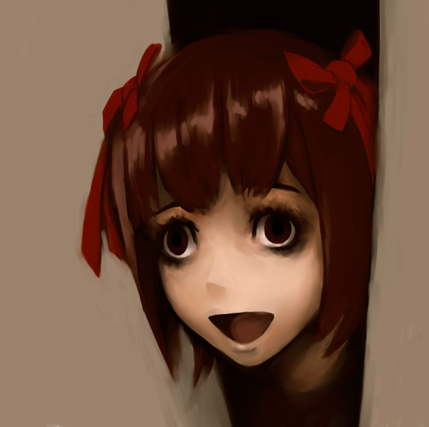 amami_haruka, brown_eyes, brown_hair, crazy_eyes, creepy, genk, gif, hair_ribbon, idolmaster, solo, the_grudge