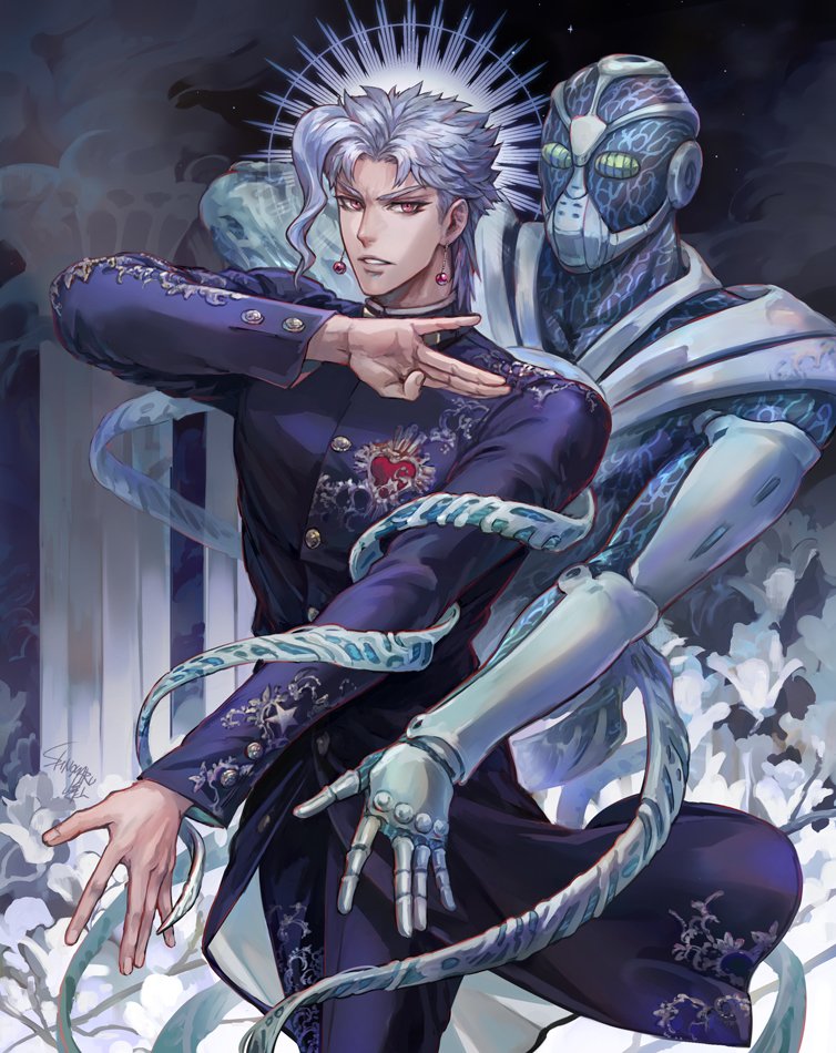 1boy, 1other, adapted_costume, alternate_eye_color, alternate_hair_color, arm_up, artist_name, asymmetrical_hair