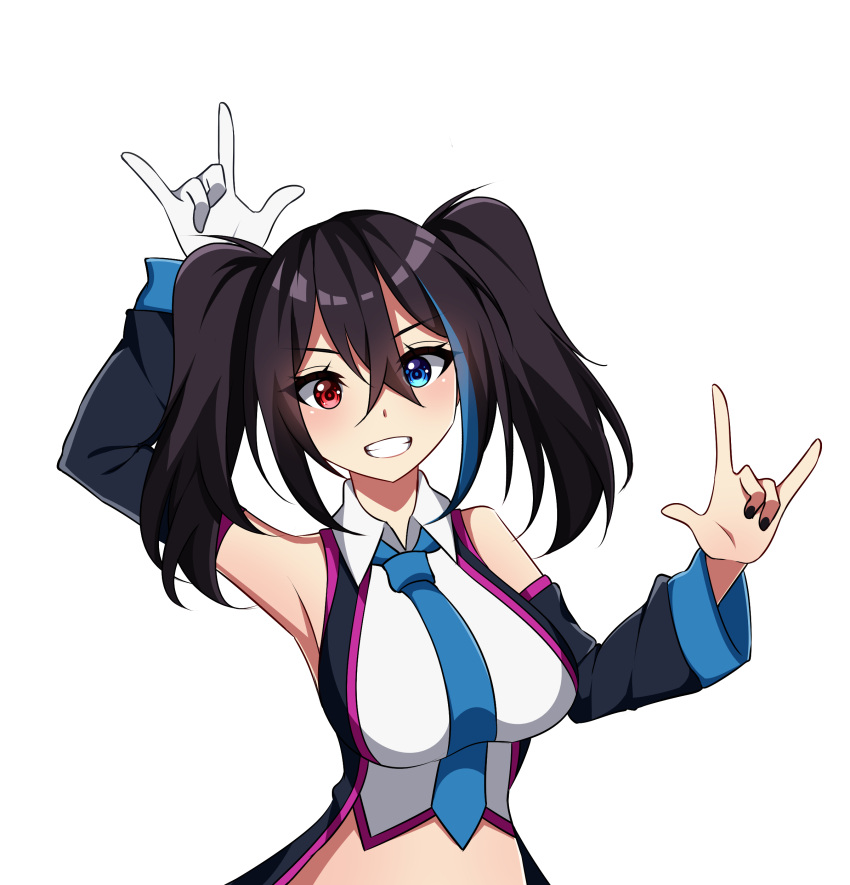 1girl, \m/, absurdres, bangs, bare_shoulders, black_coat, black_hair, black_nails