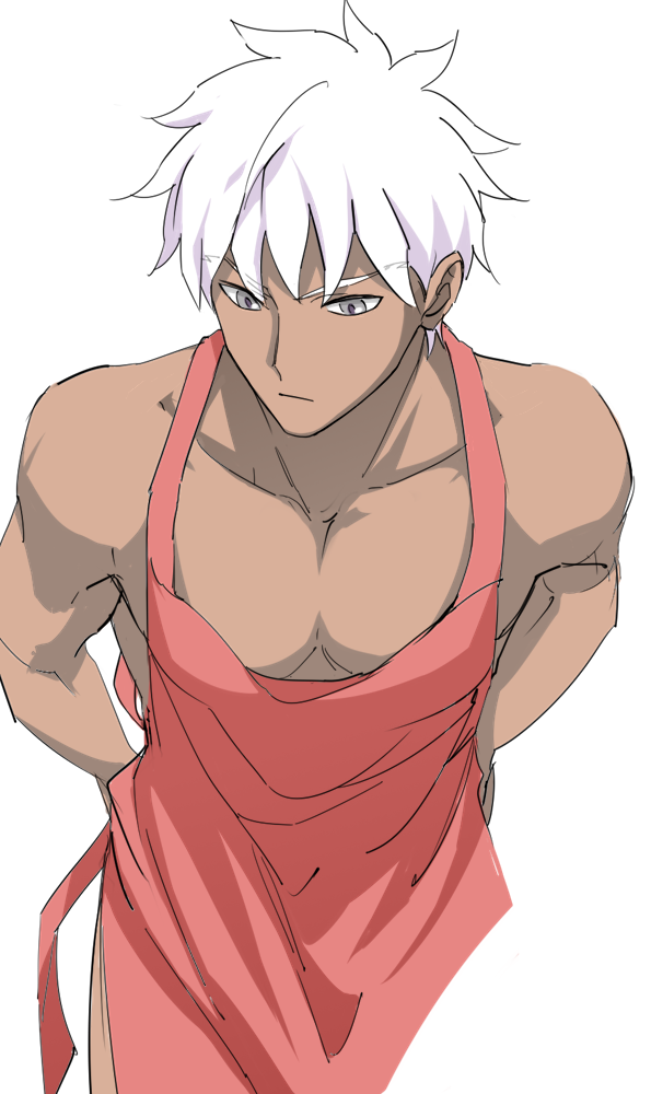 1boy, apron, archer, closed_mouth, collarbone, dark_skin, dark_skinned_male, emya, eyebrows_visible_through_hair, fate/stay_night, fate_(series), grey_eyes, looking_down, male_cleavage, male_focus, naked_apron, pink_apron, simple_background, solo, tying, white_background, white_hair