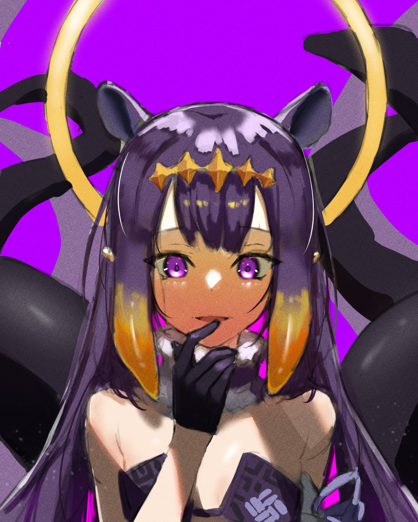 1girl, absurdres, bare_shoulders, black_gloves, blush, eyebrows_behind_hair, finger_to_mouth, fuchi_(fuchi_1106)