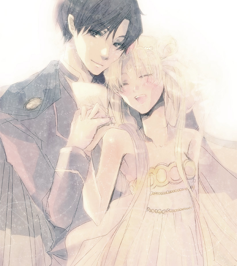 bishoujo_senshi_sailor_moon, black_eyes, black_hair, blonde_hair, blush, cape, chiba_mamoru, closed_eyes