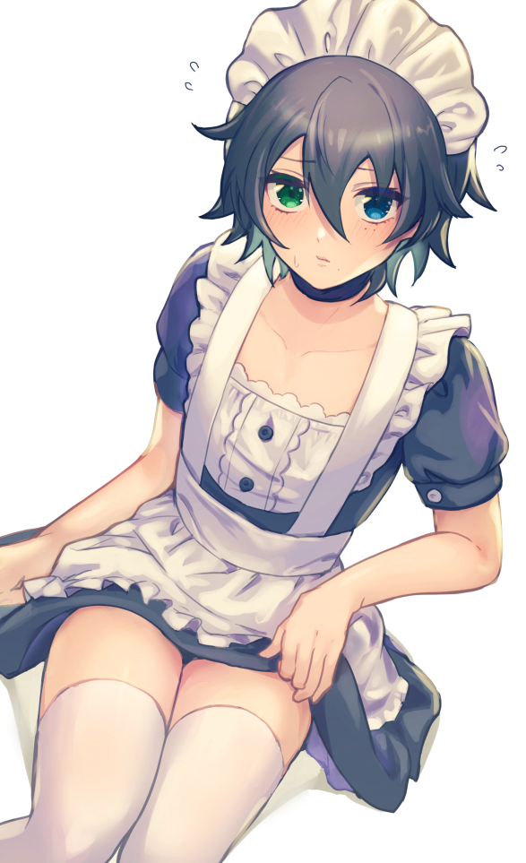 1boy, alternate_costume, apron, bangs, black_choker, black_dress, blue_eyes, blush