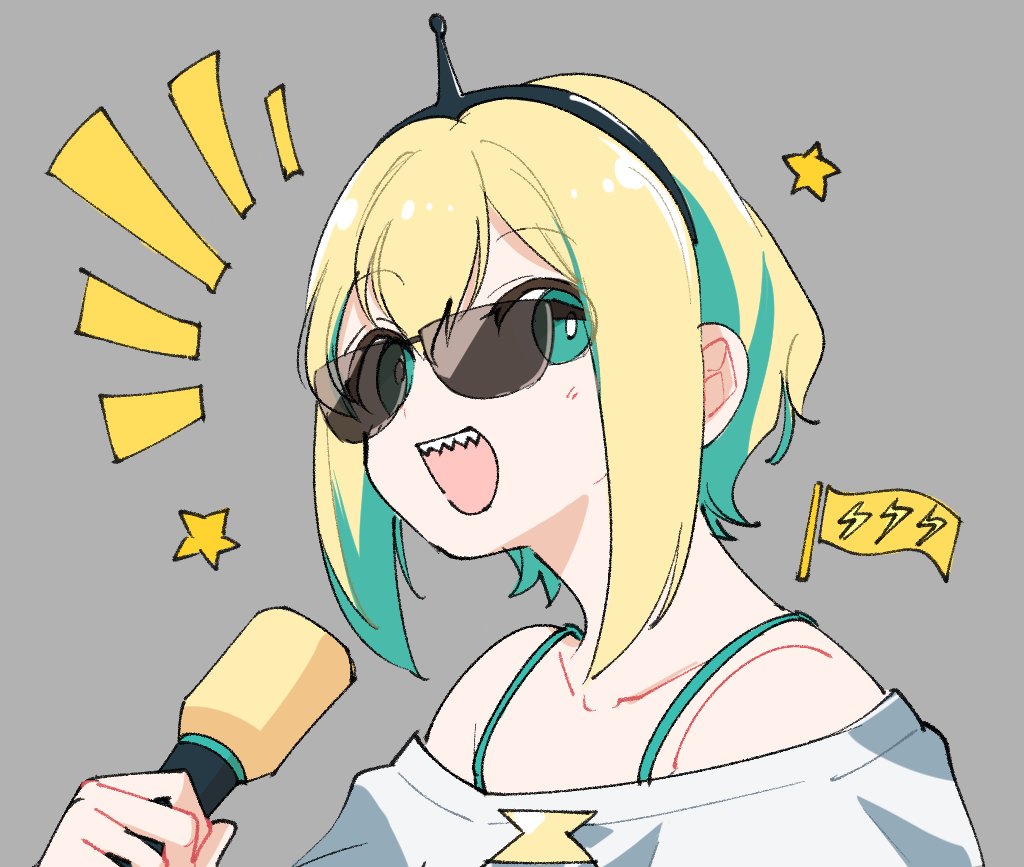 1girl, :d, ^^^, amano_pikamee, bare_shoulders, black_hairband, blonde_hair, bright_pupils