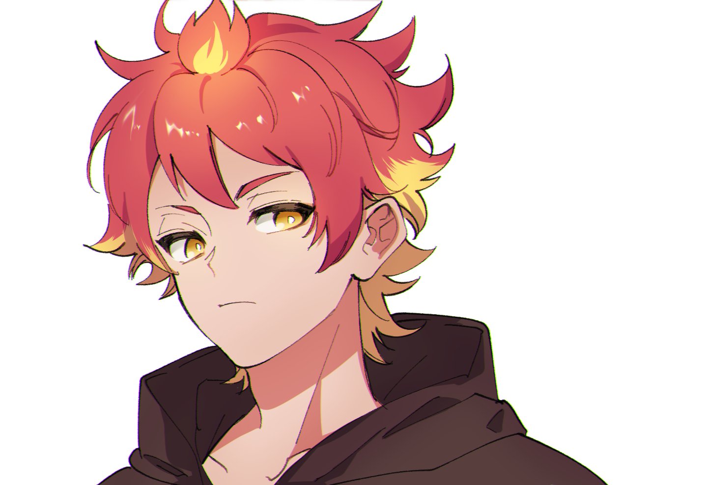 1boy, :|, blonde_hair, bright_pupils, brown_jacket, closed_mouth, collarbone, expressionless, high_collar, hikasa_shikatarou, jacket, kiko_(kikobooom), looking_away, looking_down, looking_to_the_side, multicolored_hair, redhead, short_hair, simple_background, solo, two-tone_hair, v-shaped_eyebrows, virtual_youtuber, voms, white_background, white_pupils, yellow_eyes