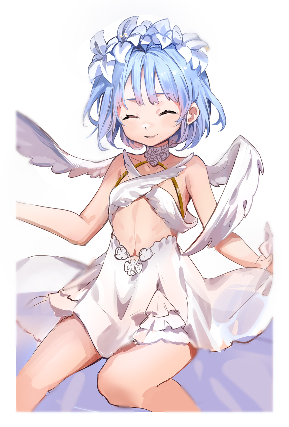 1girl, ^_^, bangs, bare_arms, bare_shoulders, blue_hair, closed_eyes, collarbone