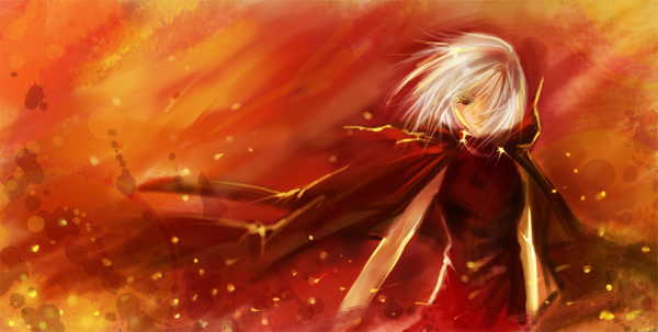 canaan, canaan_(character), coat, fire, hair_over_one_eye, jacket_on_shoulders, orange_(color), red
