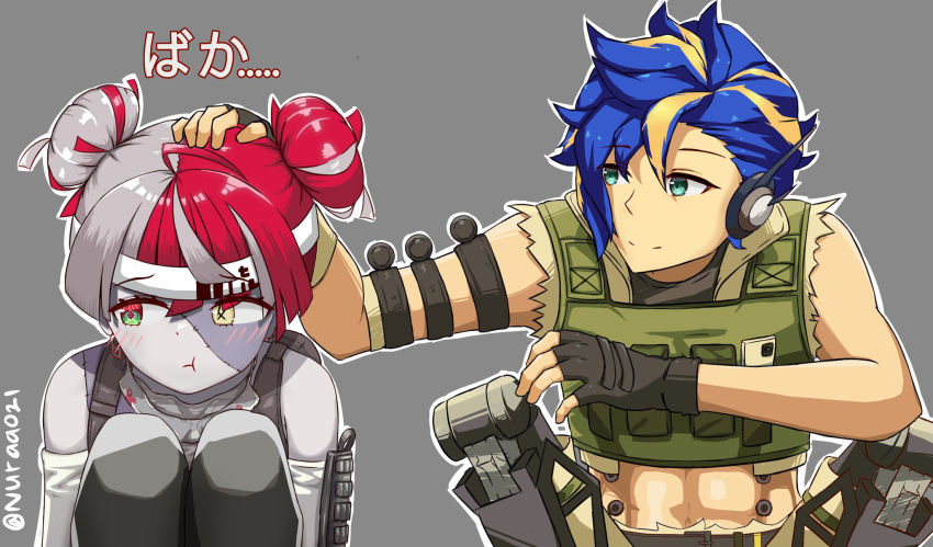 1boy, 1girl, abs, apex_legends, astel_leda, black_gloves, blonde_hair, blue_hair
