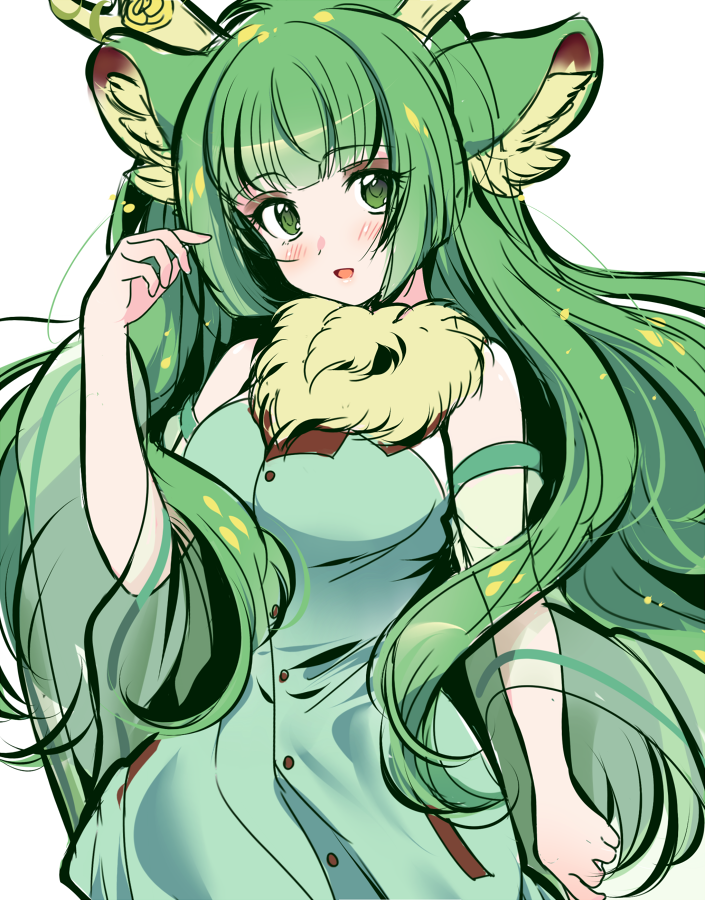 1girl, animal_ears, antlers, bangs, blush, breasts, detached_sleeves, eyebrows_visible_through_hair, flower, fur_scarf, green_eyes, green_hair, haruka_karibu, head_tilt, indie_virtual_youtuber, long_hair, medium_breasts, moose_ears, open_hand, open_mouth, rose, shulliy_baudelair, solo, very_long_hair, virtual_youtuber, white_background, yellow_flower, yellow_rose