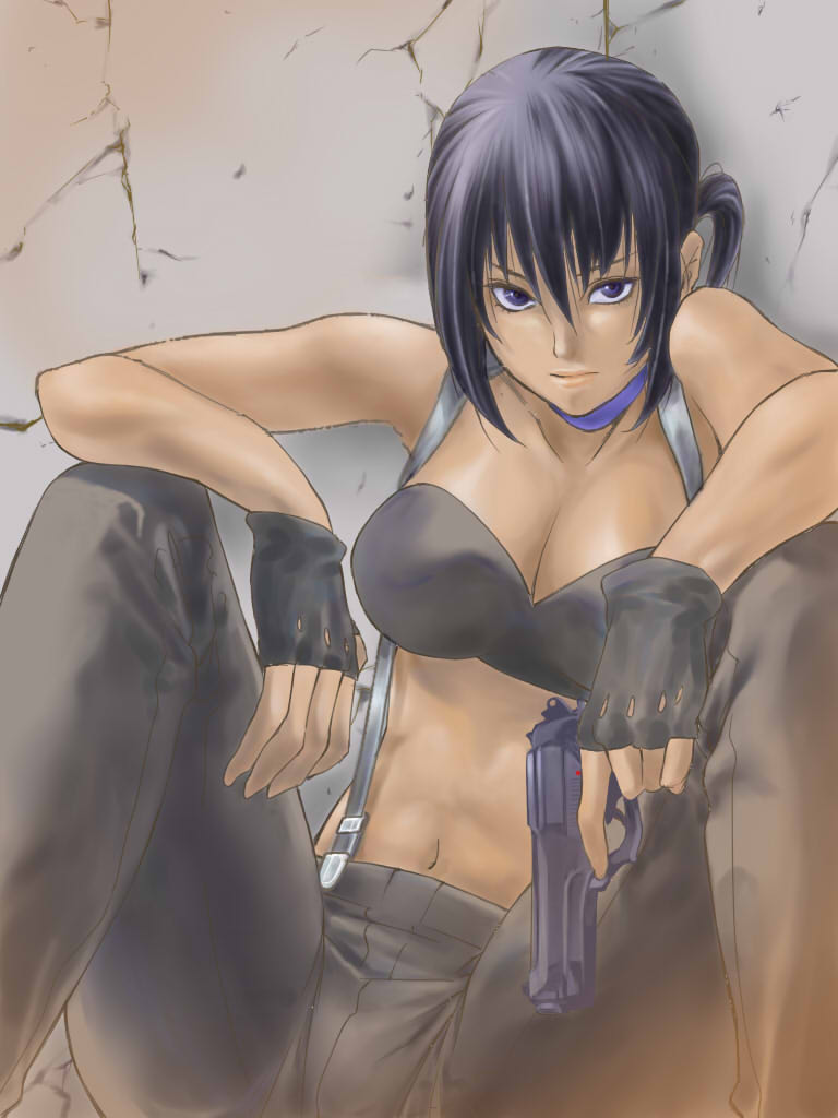 428, against_wall, alphard, bare_shoulders, beretta_92, black_hair, blue_eyes, breasts