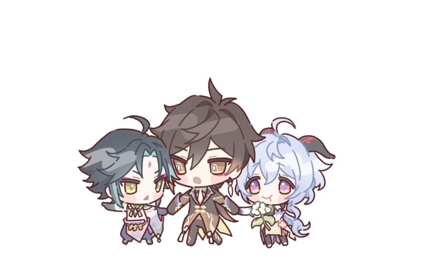 1girl, 2boys, :t, ahoge, aqua_hair, asymmetrical_clothes, bangs, black_hair