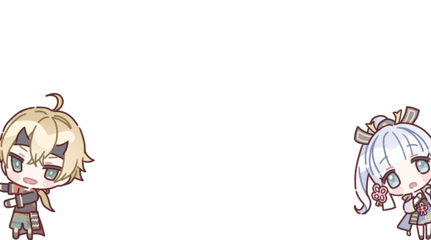 1boy, 1girl, ahoge, aqua_eyes, armor, bangs, blonde_hair, blunt_bangs