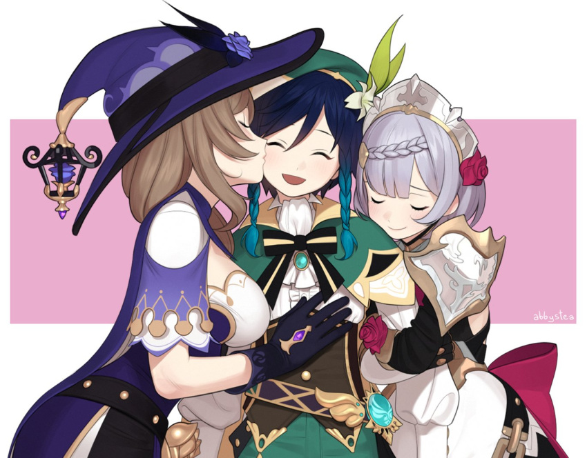 1boy, 2girls, abbystea, aqua_hair, arm_hug, armor, armored_dress, bangs, black_gloves, black_hair, bow, bowtie, braid, braided_bangs, breasts, brown_hair, cape, cheek_kiss, closed_eyes, dress, flower, genshin_impact, girl_sandwich, gloves, green_headwear, grey_hair, hair_flower, hair_ornament, hat, hetero, kiss, large_breasts, lisa_(genshin_impact), long_hair, long_sleeves, multicolored_hair, multiple_girls, noelle_(genshin_impact), red_flower, red_rose, rose, sandwiched, short_hair, side_braids, signature, simple_background, smile, two-tone_background, venti_(genshin_impact), vision_(genshin_impact), witch_hat