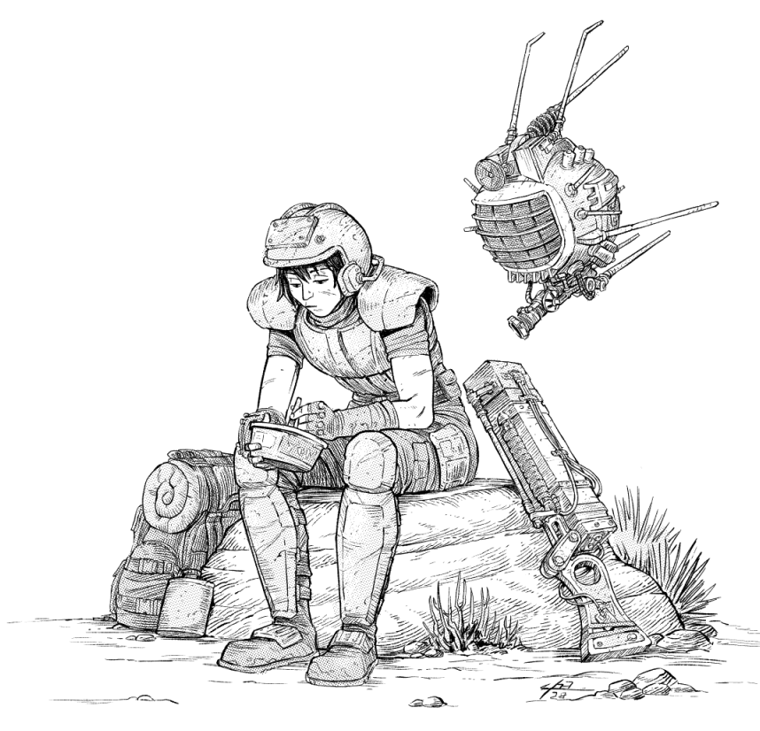 1girl, armor, backpack, bag, bangs, black_hair, boots, bowl