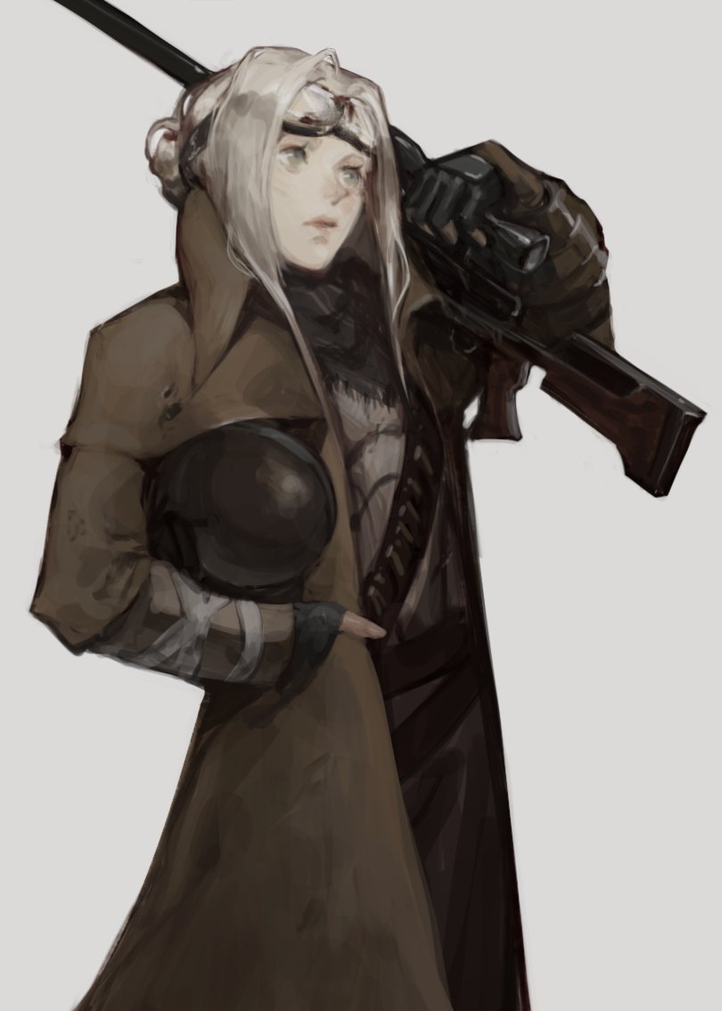 1girl, bangs, belt, black_gloves, blood, brown_coat, closed_mouth, coat