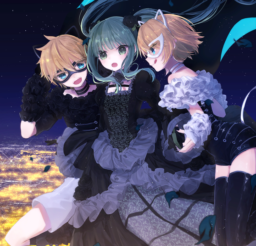 1boy, 2girls, :q, animal_ears, aqua_hair, bangs, black_choker, black_dress