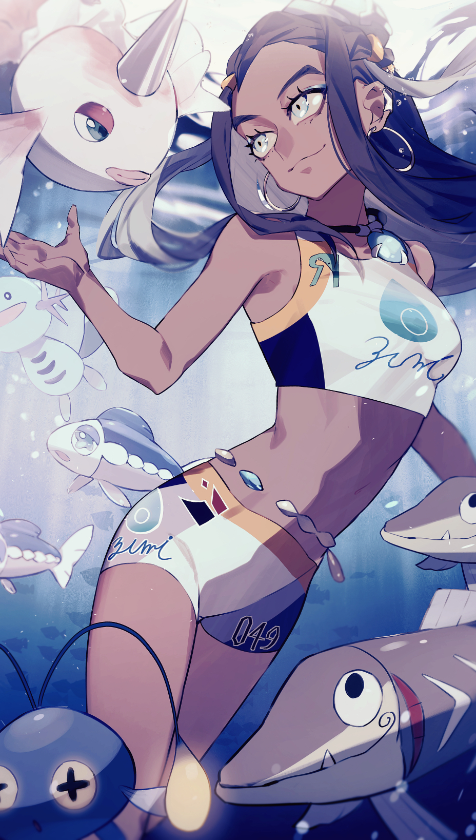 1girl, :3, belly_chain, bikini, bikini_shorts, black_hair, closed_mouth, dark_skin