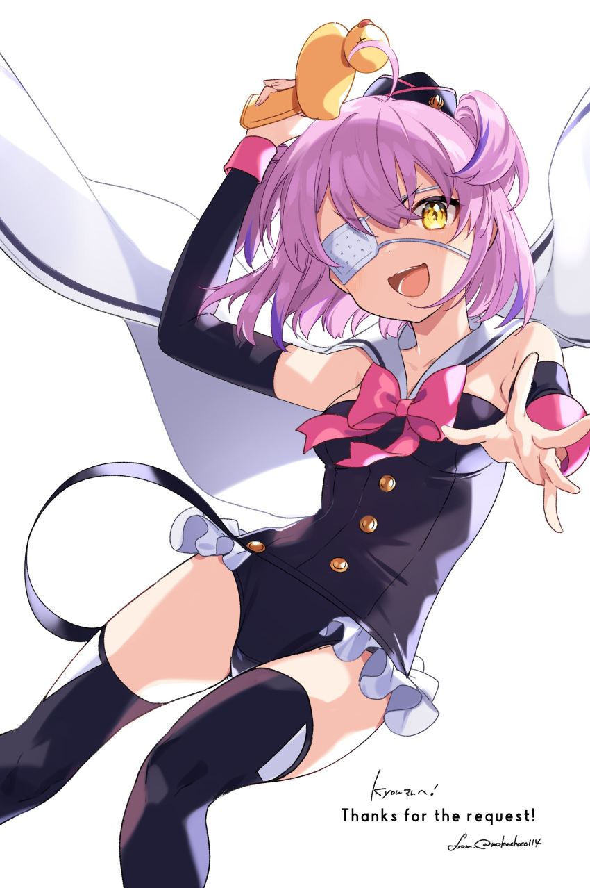 1girl, absurdres, ahoge, bare_shoulders, black_legwear, buttons, commission, eyepatch