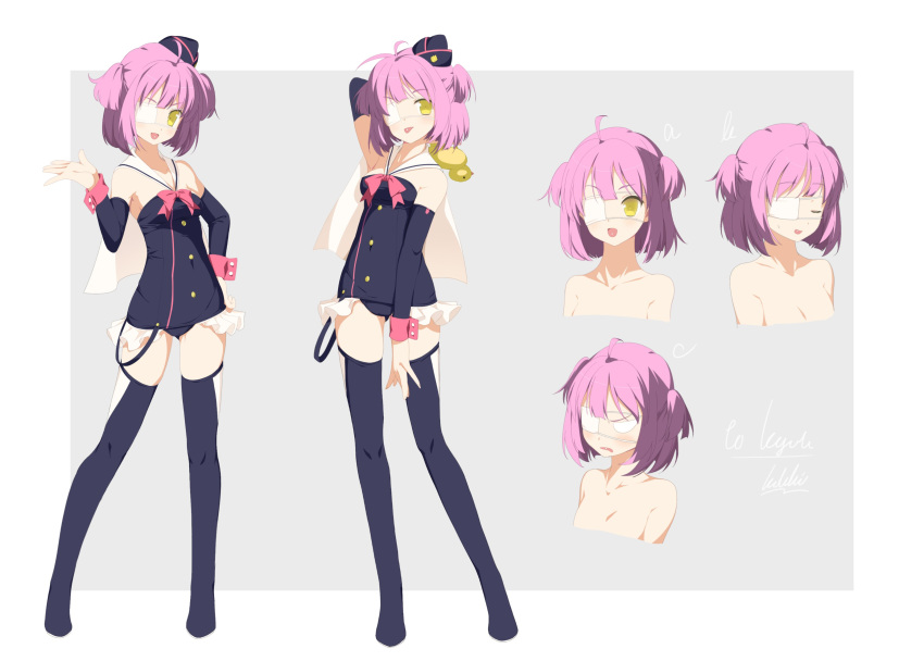 absurdres, bare_shoulders, breasts, character_sheet, eyepatch, full_body, half_updo, hat