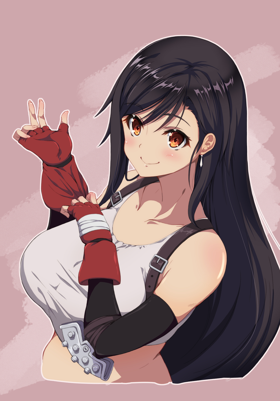 1girl, adjusting_clothes, adjusting_gloves, bangs, black_hair, breasts, brown_eyes, buckle