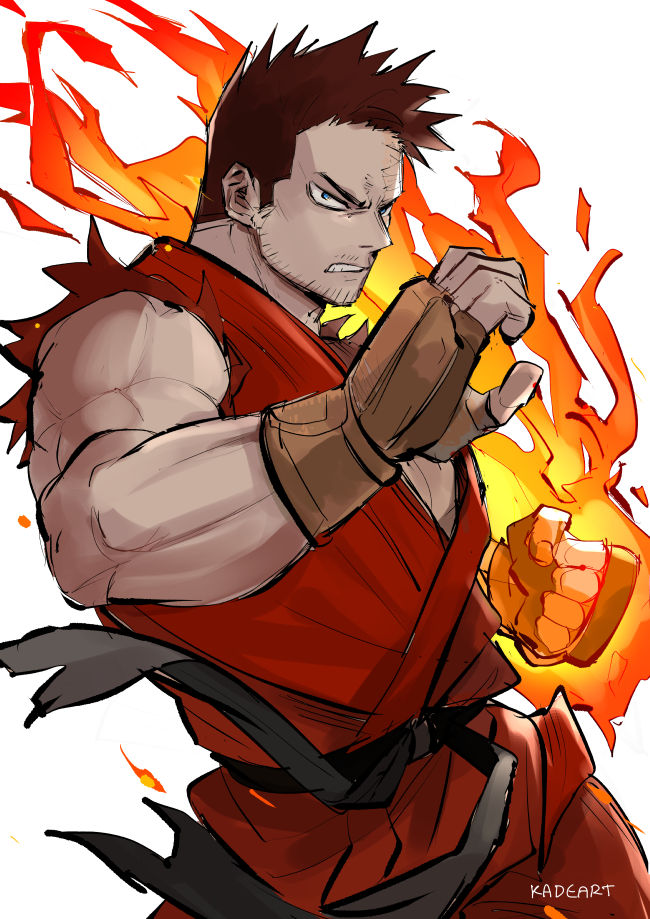 1boy, artist_name, belt, black_belt, blue_eyes, boku_no_hero_academia, brown_gloves, clenched_hand