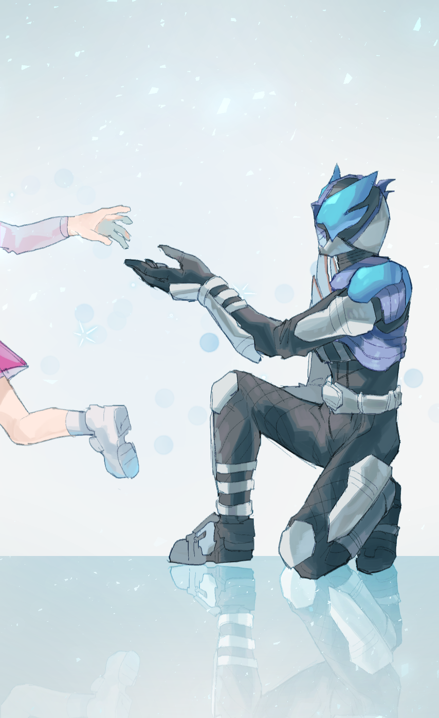 1boy, 1girl, armor, belt, black_bodysuit, black_gloves, blue_background, blue_eyes, blue_theme, bodysuit, breastplate, chikichi, commentary_request, from_side, full_body, gloves, gon_(kamen_rider_kabuto), gradient, gradient_background, grey_shirt, hand_up, helmet, highres, ice, kamen_rider, kamen_rider_drake, kamen_rider_kabuto_(series), knee_pads, leg_up, light_particles, long_sleeves, looking_at_another, miniskirt, one_knee, pink_skirt, profile, reaching, reflection, running, shirt, shoes, shoulder_armor, simple_background, skirt, socks, solo_focus, vambraces, white_footwear, white_legwear