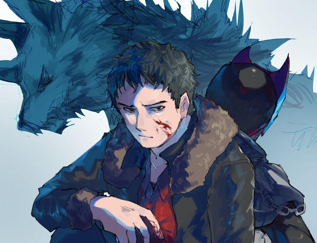 2boys, armor, back-to-back, bangs, black_bodysuit, black_eyes, black_hair, black_headwear, black_jacket, black_pants, blood, blood_on_face, bodysuit, chain, chikichi, closed_mouth, collared_shirt, commentary_request, fur-trimmed_jacket, fur-trimmed_sleeves, fur_collar, fur_trim, garulu, half-closed_eyes, hand_up, helmet, jacket, jiro_(kamen_rider_kiva), kamen_rider, kamen_rider_kiva, kamen_rider_kiva_(series), looking_at_viewer, male_focus, multiple_boys, one_knee, pants, red_shirt, shirt, short_hair, shoulder_armor, upper_body, wolf