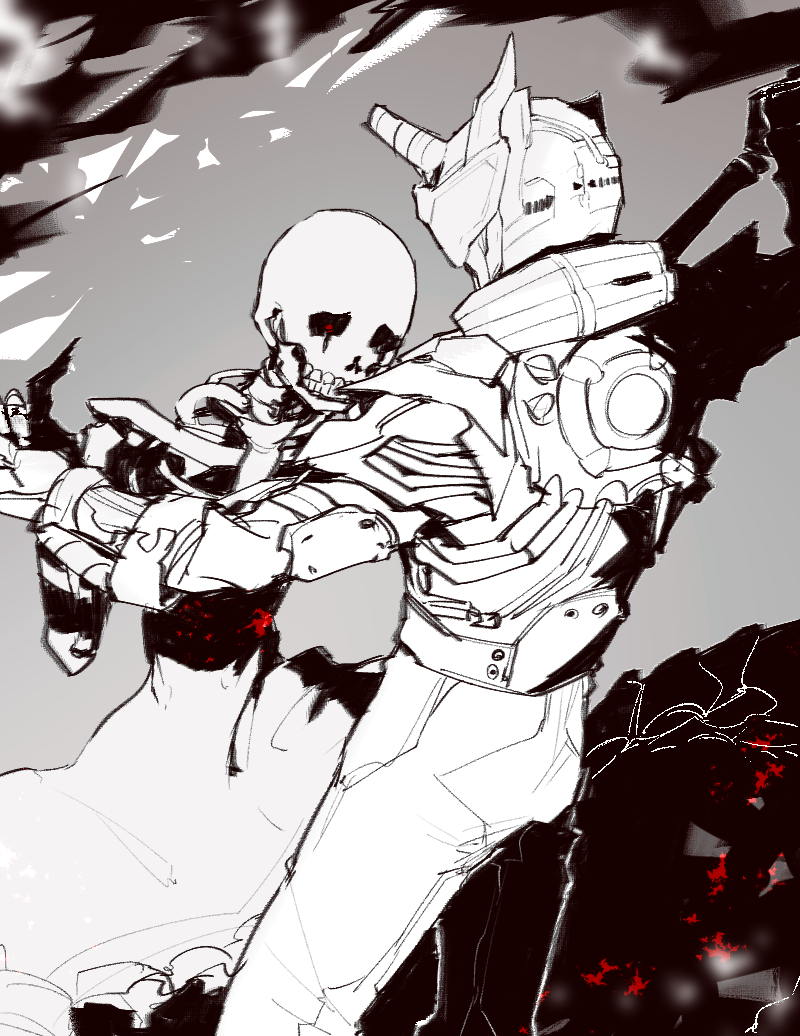 1boy, 1girl, armor, arms_up, belt, black_sclera, blood_stalk, bodysuit, chikichi, colored_sclera, commentary_request, crying, dancing, from_behind, gloves, grey_background, helmet, holding_hands, kamen_rider, kamen_rider_build_(series), monochrome, red_eyes, shoulder_armor, simple_background, skeleton, sketch, skill, skirt, standing, tears, visor