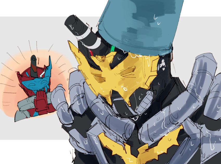 2boys, ^_^, armor, black_bodysuit, black_headwear, blood_stalk, bodysuit, bucket