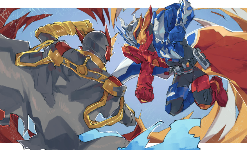 2boys, arm_up, armor, battle, belt, black_cape, black_headwear, blue_background