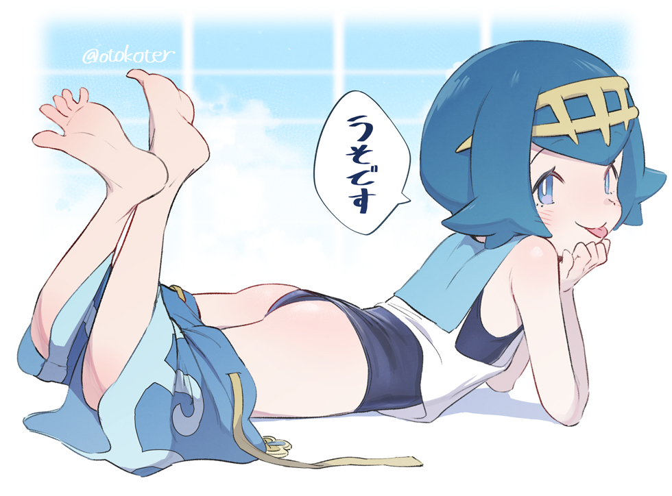 1girl, artist_name, ass, bangs, bare_arms, barefoot, blue_eyes, blue_hair
