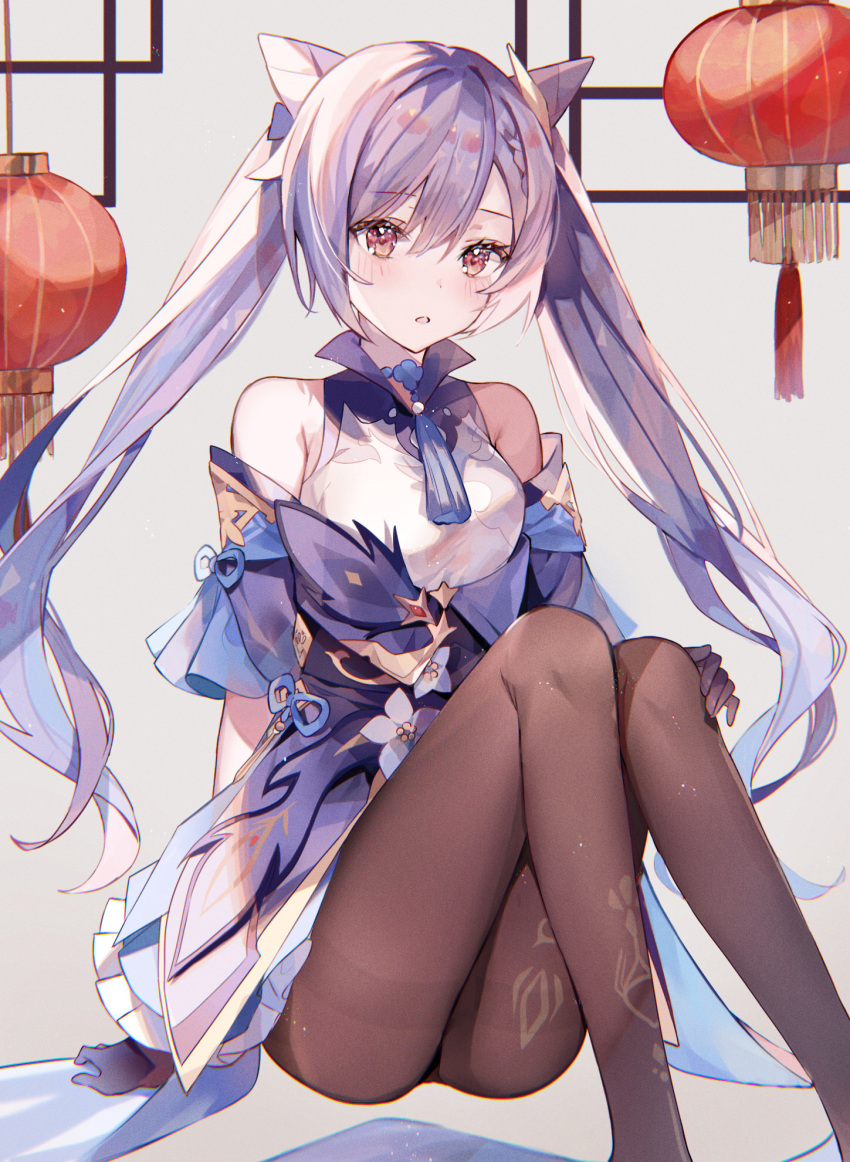 1girl, bangs, bare_shoulders, black_legwear, blush, braid, breasts, choker, detached_sleeves, dress, eyebrows_visible_through_hair, feathers, flower, frilled_dress, frilled_sleeves, frills, genshin_impact, gloves, hair_cones, hair_ornament, hand_on_own_knee, highres, keqing_(genshin_impact), lantern, long_hair, looking_at_viewer, medium_breasts, open_mouth, pantyhose, purple_hair, solo, sonna_banana, tassel, twintails, violet_eyes, white_flower