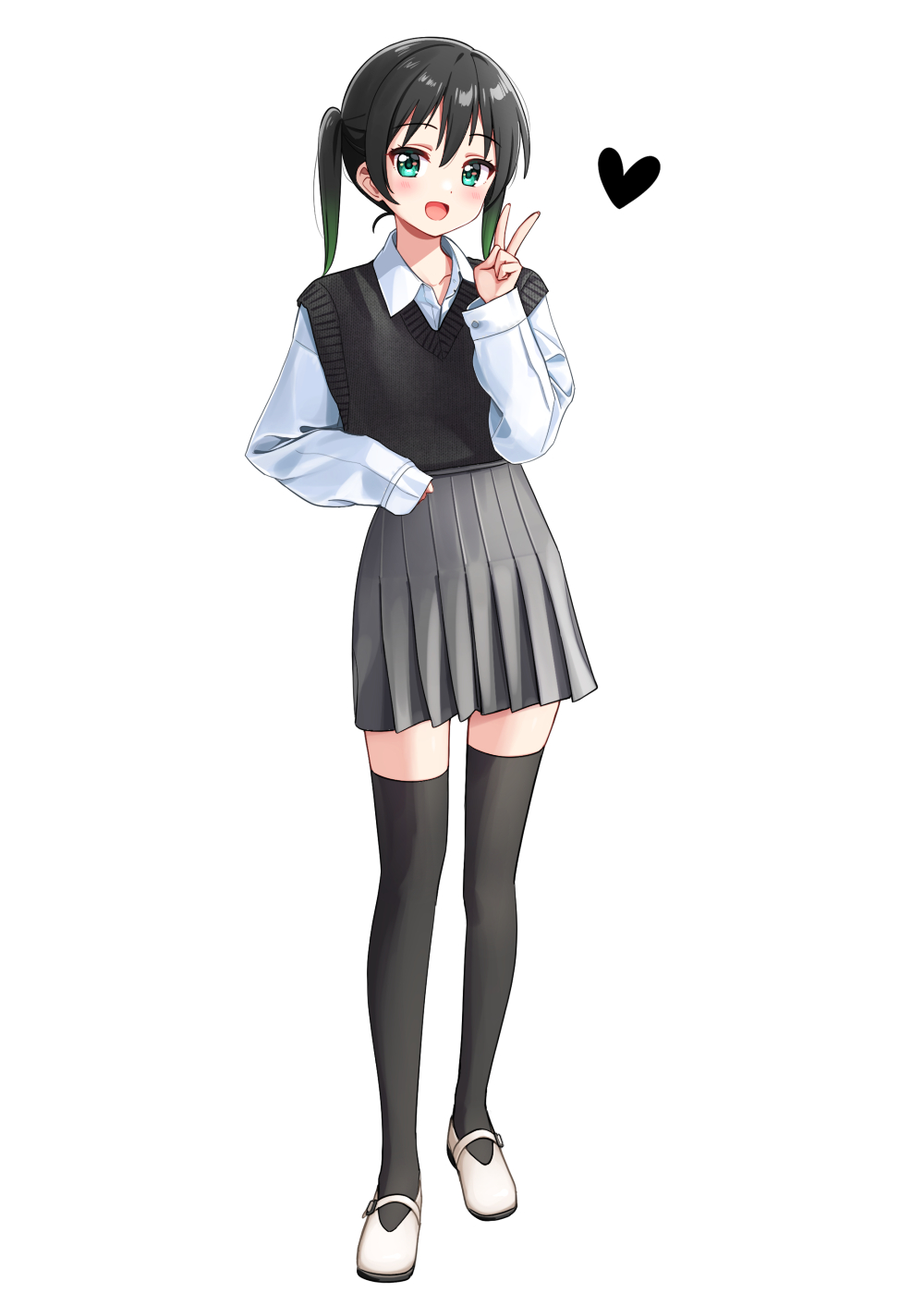 1girl, :d, bangs, black_hair, blush, collared_shirt, commentary_request, deadnooodles, full_body, green_eyes, green_hair, grey_skirt, hair_ornament, hand_up, heart, highres, long_sleeves, looking_at_viewer, love_live!, love_live!_school_idol_festival_all_stars, multicolored_hair, open_mouth, pleated_skirt, shirt, shoes, simple_background, skirt, sleeves_past_wrists, smile, solo, standing, takasaki_yu, thigh-highs, twintails, two-tone_hair, uwabaki, v, white_background, white_footwear, white_shirt, zettai_ryouiki