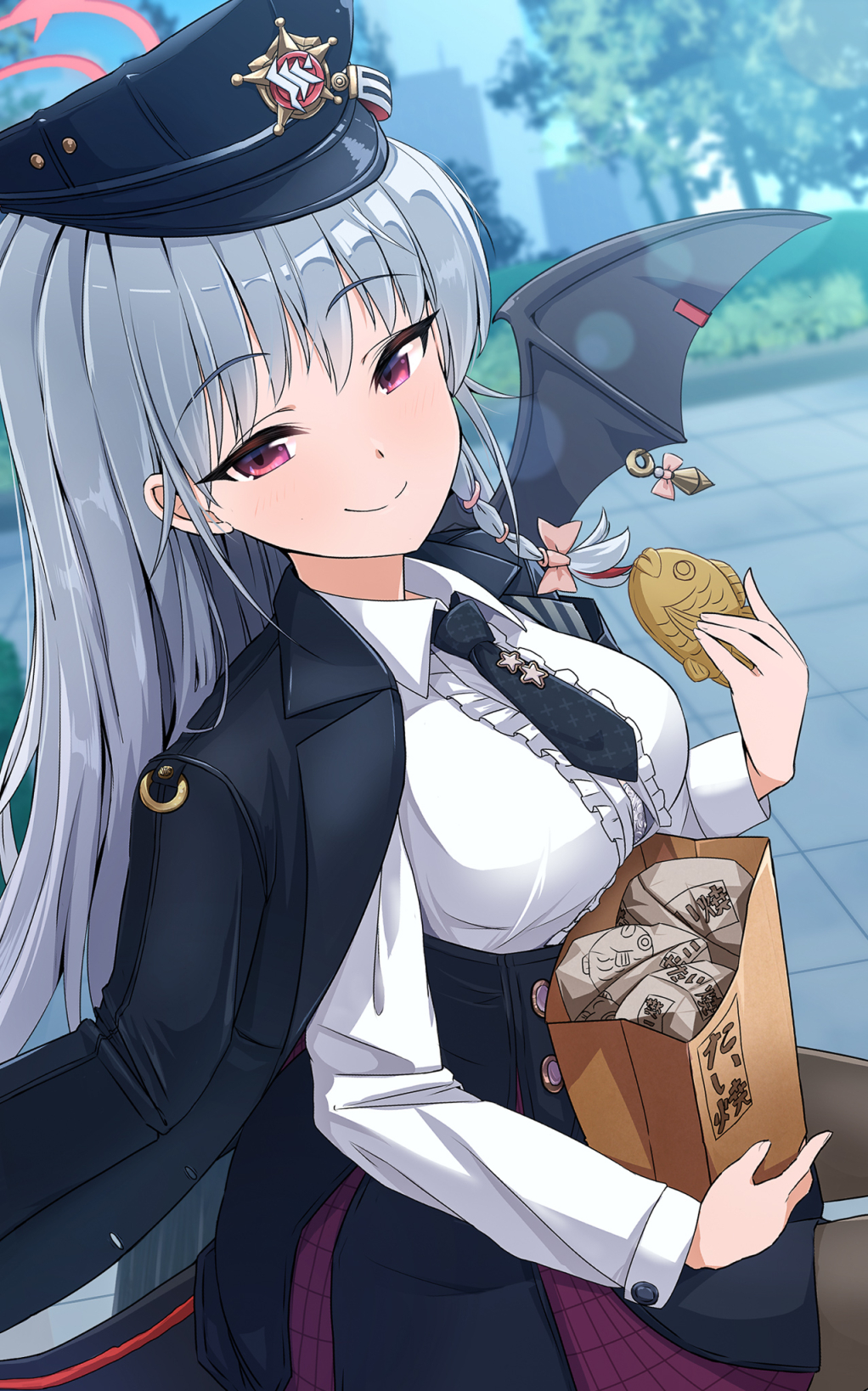 1girl, bag, black_legwear, blue_archive, blurry, blurry_background, breasts, chuuten_(clam_chowder), commentary_request, food, halo, haruna_(blue_archive), hat, highres, jacket, looking_at_viewer, necktie, pantyhose, paper_bag, red_eyes, smile, tail, taiyaki, uniform, wagashi