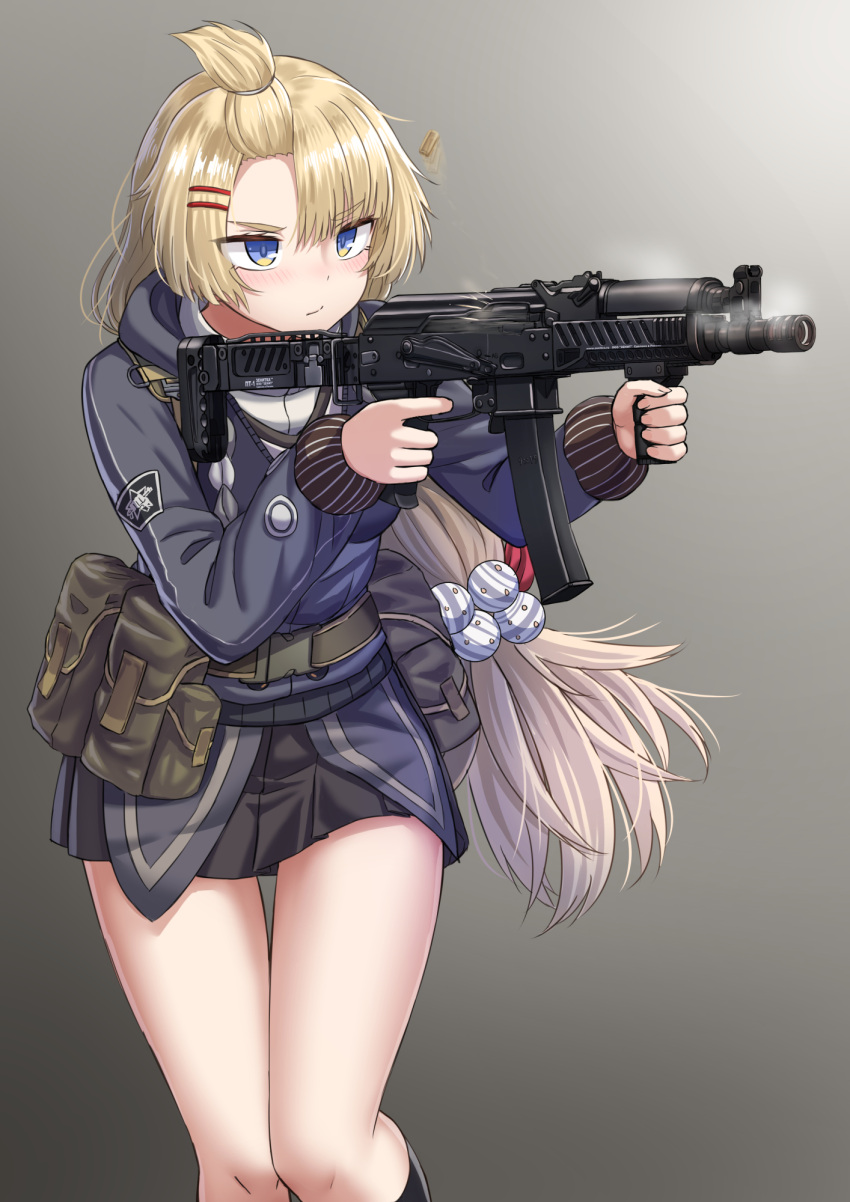 1girl, bangs, belt, black_skirt, blonde_hair, blue_eyes, blush, closed_mouth, commentary, commission, cowboy_shot, duplicate, eyebrows_visible_through_hair, feet_out_of_frame, girls_frontline, gun, hair_ornament, hairclip, highres, holding, holding_gun, holding_weapon, holster, jacket, long_hair, looking_away, pp-19-01, pp-19-01_(girls_frontline), shell_casing, simple_background, skeb_commission, skirt, smoke, smoking_gun, solo, standing, thick_thighs, thighs, trigger_discipline, uniform, weapon, yakob_labo